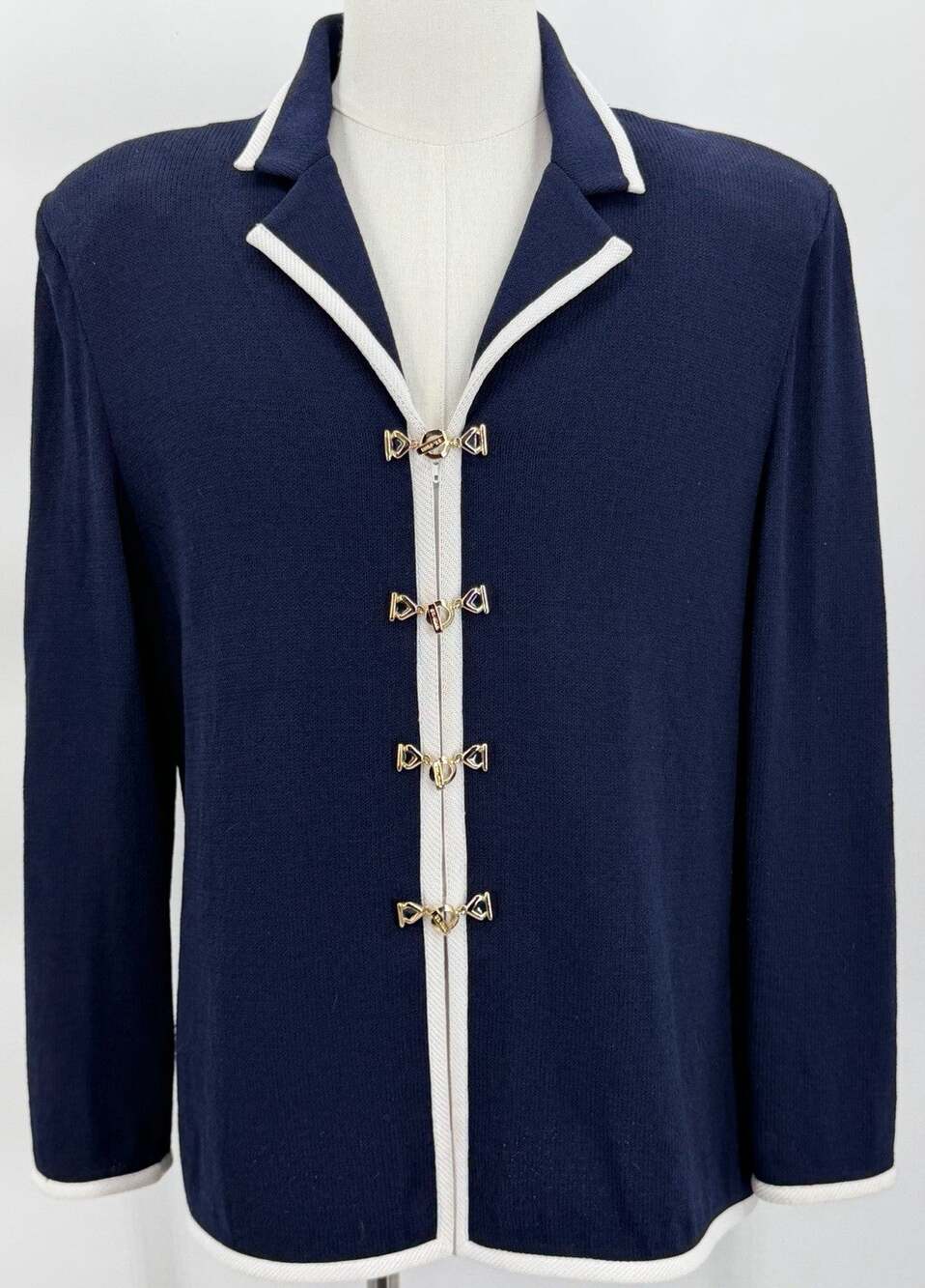 St. John Collection Navy Blue Blazer White Trim Gold Decorative Fasteners Sz 16